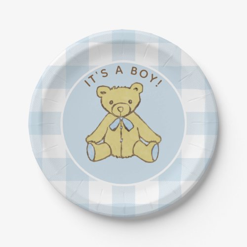 Baby Shower Boy Bear with Blue Buffalo Check Paper Plates