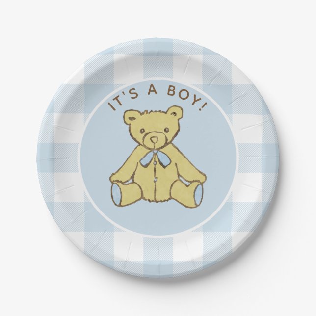 Baby Shower Boy Bear with Blue Buffalo Check Paper Plates (Front)