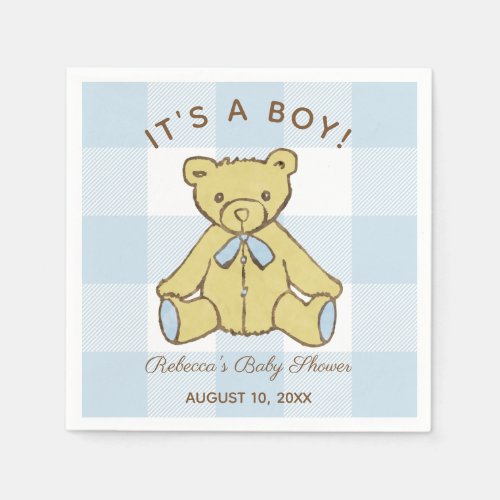 Baby Shower Boy Bear with Name and Date Napkins
