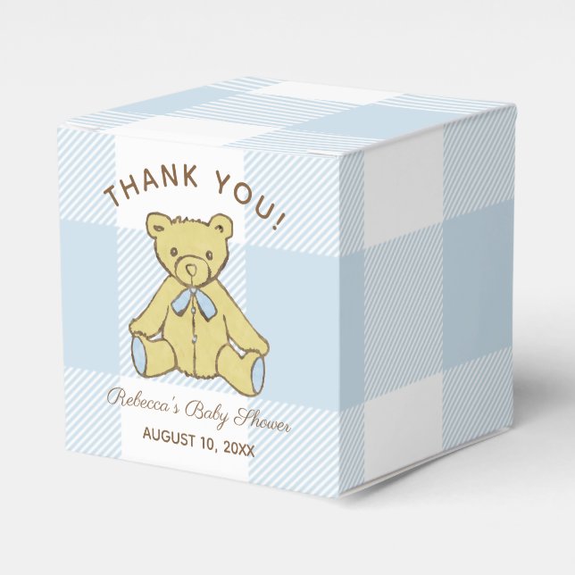 Baby Shower Boy Bear with Name and Date Thank You Favor Boxes (Front Side)