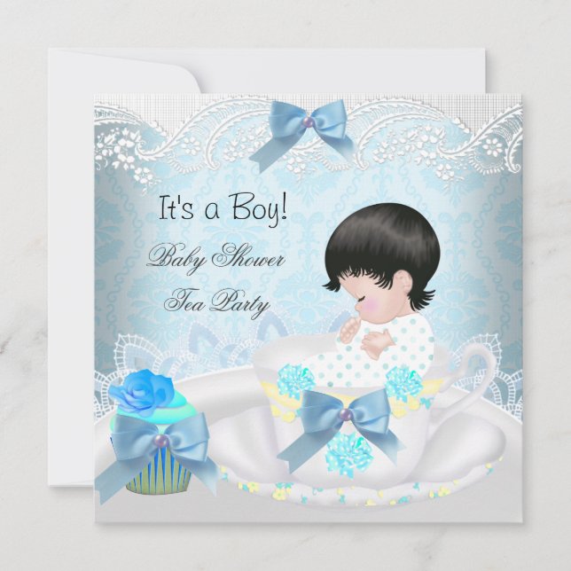 Baby Shower Boy Blue Baby Teacup Cupcake Invitation (Front)