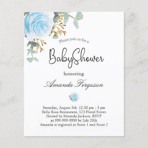 Baby Shower boy blue floral budget invitation Flyer