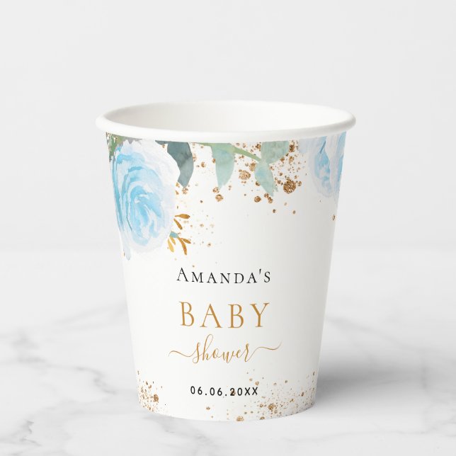 Baby Shower boy blue floral eucalyptus Paper Cups (Front)