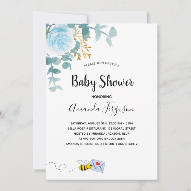 Baby Shower boy blue floral greenery mom to bee Invitation (Front)