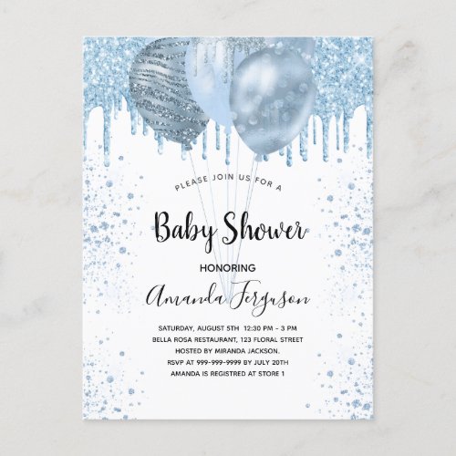 Baby Shower boy blue glitter balloons silver Invitation Postcard