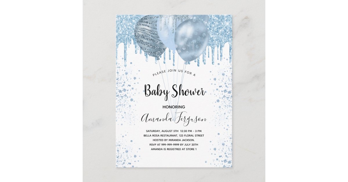 Baby Shower boy blue glitter balloons silver Invitation Postcard | Zazzle