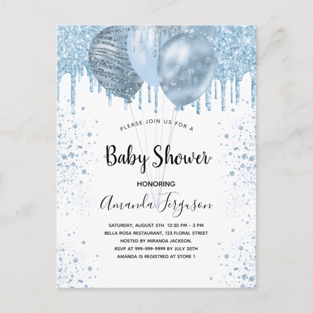 Baby Shower boy blue glitter balloons silver Invitation Postcard (Front)