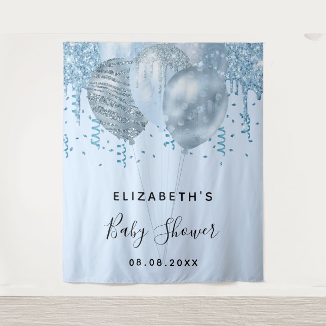 Baby Shower boy blue glitter balloons silver Tapestry (Front)