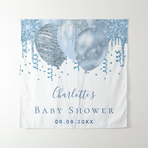 Baby Shower boy blue glitter balloons silver white Tapestry