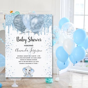 Baby Shower Boy Blue Glitter Elephant Balloons Invitation by Thunes at Zazzle