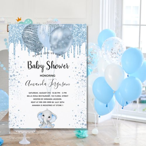 Baby Shower boy blue glitter elephant balloons Invitation