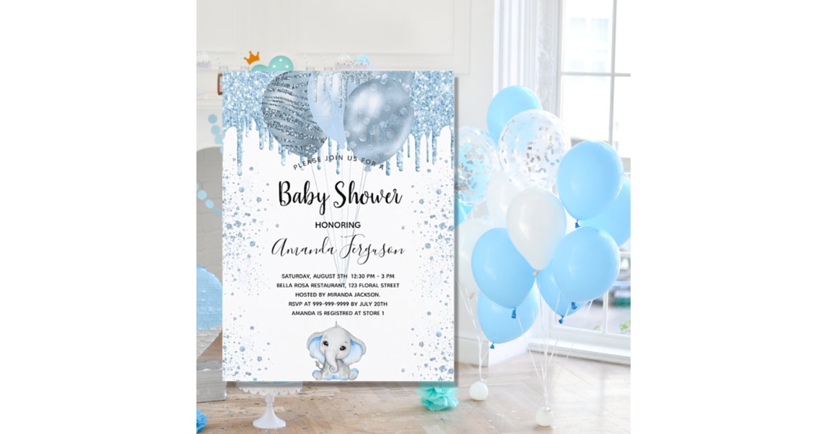 Baby Shower boy blue glitter elephant balloons Invitation Postcard | Zazzle