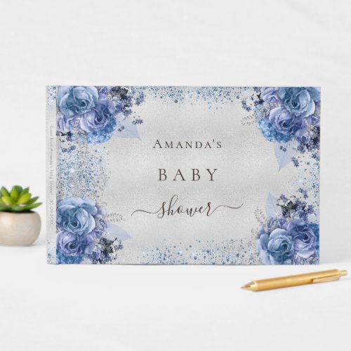 Baby Shower boy blue glitter floral name Guest Book