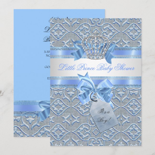 Baby Shower Boy Blue Little Prince Crown 2 Invitation (Front/Back)