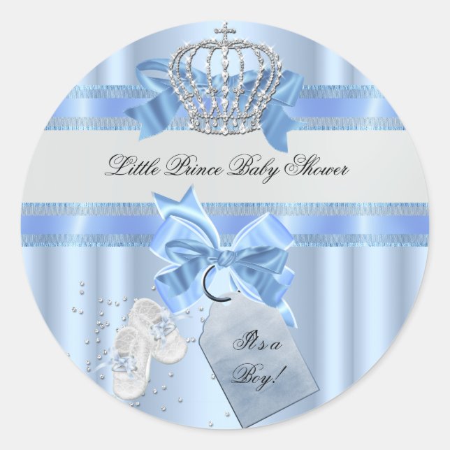 Baby Shower Boy Blue Little Prince Crown 3a Classic Round Sticker (Front)