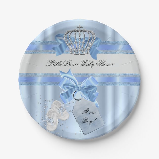 Baby Shower Boy Blue Little Prince Crown 3a Paper Plates (Front)
