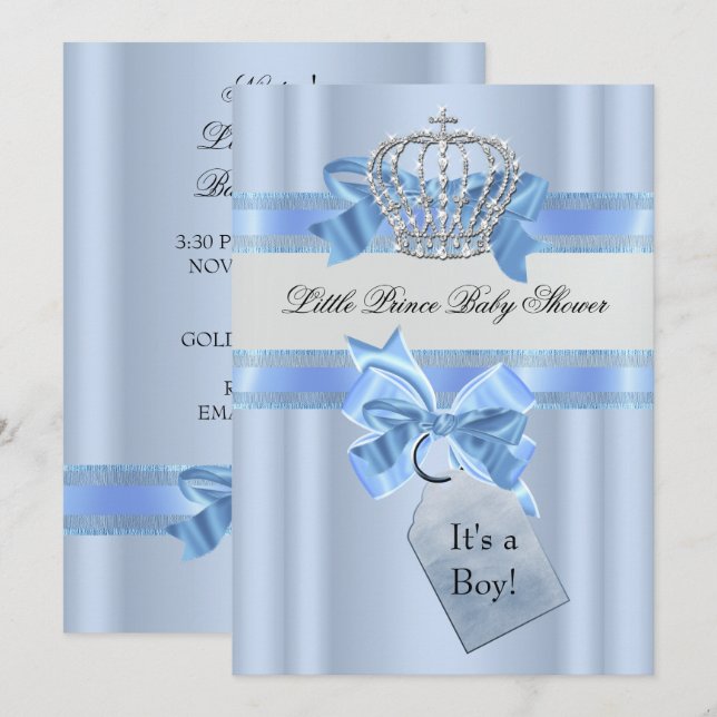 Baby Shower Boy Blue Little Prince Crown 5 x 7 Invitation (Front/Back)