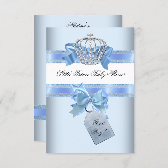Baby Shower Boy Blue Little Prince Crown bow sml Invitation (Front/Back)