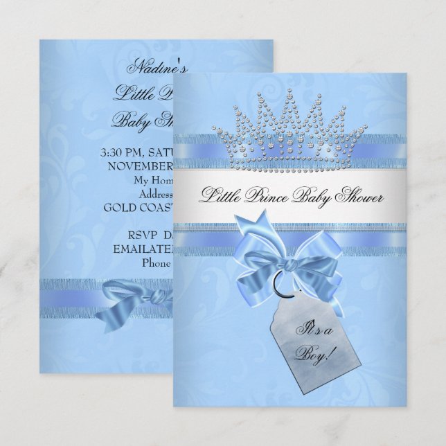 Baby Shower Boy Blue Little Prince Crown Damask Invitation (Front/Back)