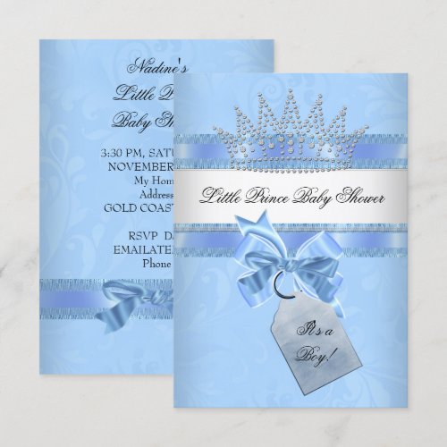 Baby Shower Boy Blue Little Prince Crown Damask Announcement