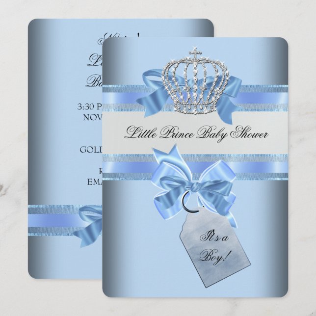 Baby Shower Boy Blue Little Prince Crown Invitation (Front/Back)