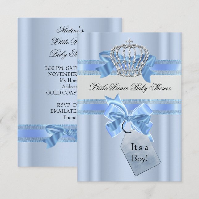 Baby Shower Boy Blue Little Prince Crown SML Invitation (Front/Back)