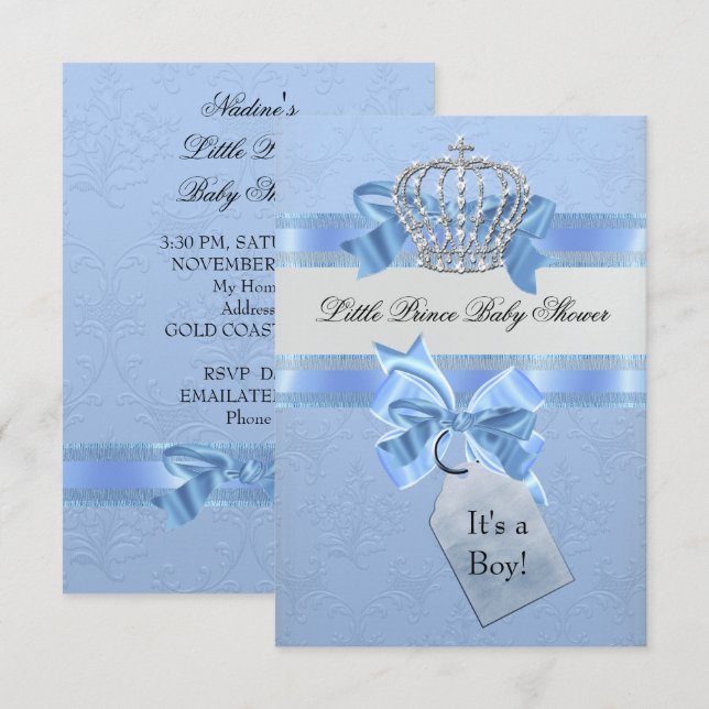 Baby Shower Boy Blue Little Prince Crown SML Invitation (Front/Back)