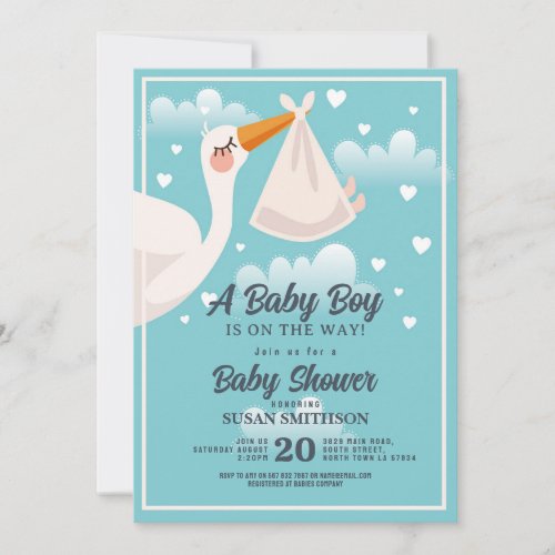 Baby Shower Boy Blue Stork Clouds Invitation