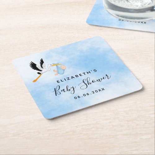 Baby shower boy blue stork cute square paper coaster