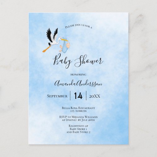 Baby shower boy blue stork invitation postcard