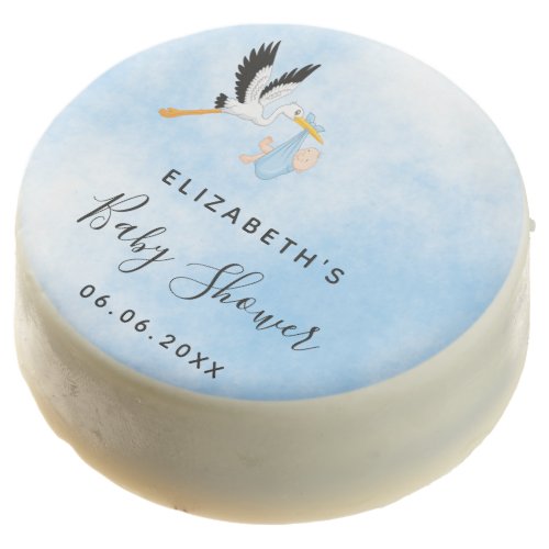 Baby shower boy blue stork name elegant chocolate covered oreo