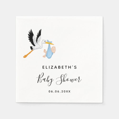 Baby shower boy blue stork name script napkins