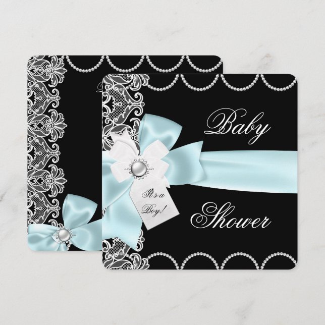 Baby Shower Boy Blue Teal Black White Lace Invitation (Front/Back)