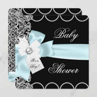 Baby Shower Boy Blue Teal Black White Lace Invitation