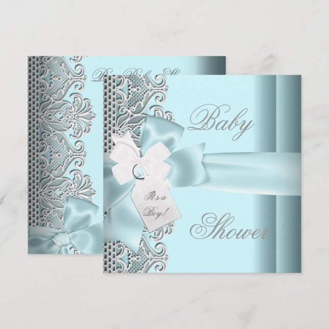 Baby Shower Boy Blue Teal Gray White Lace Invitation (Front/Back)