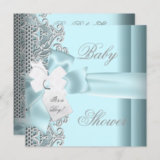 Baby Shower Boy Blue Teal Gray White Lace Invitation