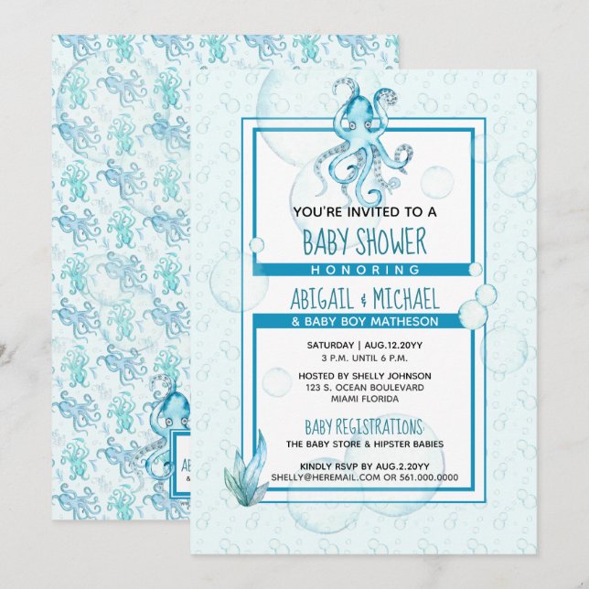 Baby Shower #Boy Blue & Teal Watercolor #Octopus Invitation (Front/Back)
