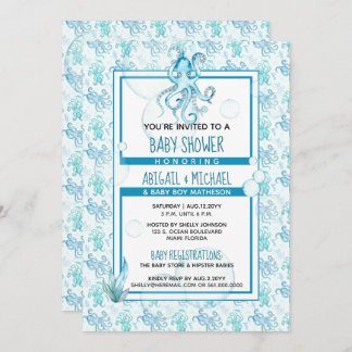Baby Shower Boy Blue &amp; Teal Watercolor Octopus Invitation