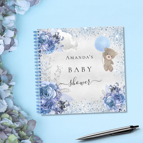 Baby Shower boy blue teddy bear floral guest book