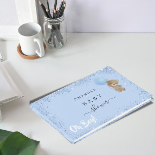 Baby Shower boy blue teddy bear glitter dust Guest Book