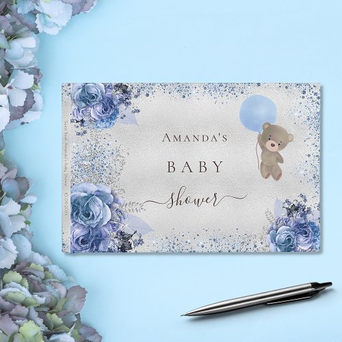 Baby Shower boy blue teddy bear glitter floral Guest Book