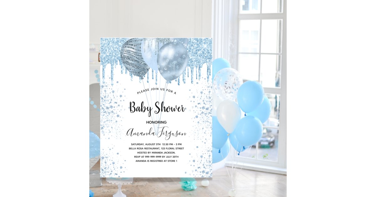 Baby Shower boy blue white glitter balloons Invitation | Zazzle