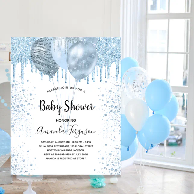 Baby Shower boy blue white glitter balloons Invitation | Zazzle