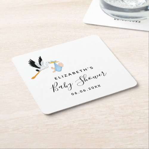 Baby shower Boy blue white stork Square Paper Coaster