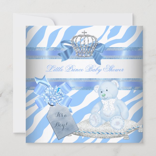 Baby Shower Boy Blue Zebra Prince Crown Teddy Bear Invitation (Front)