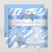 Baby Shower Boy Blue Zebra Prince Crown Teddy Bear Invitation (Front/Back)