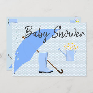 Baby Shower Boy Blues Umbrella and Rain Boots Invitation