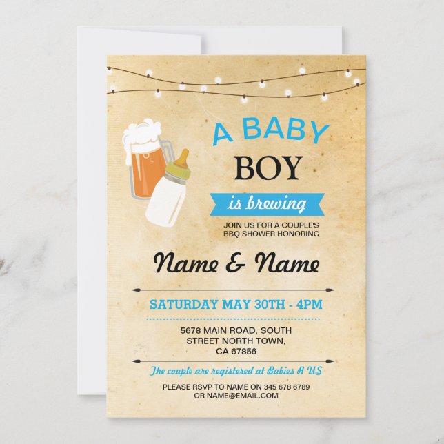 Baby Shower Boy Brewing Beer Blue Rustic Invite (Front)