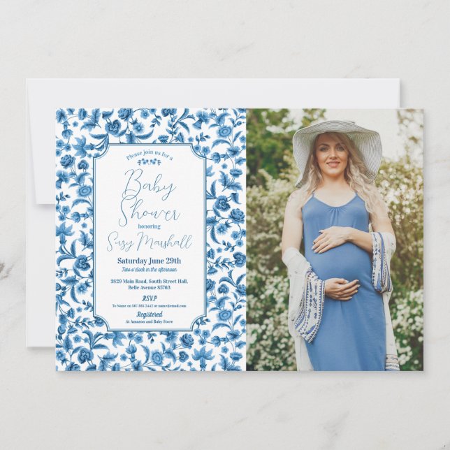 Baby Shower Boy Chintz Blue photo Floral Ditsy Invitation (Front)