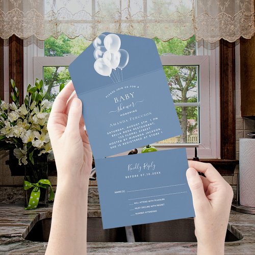 Baby Shower boy dusty blue white balloons RSVP All In One Invitation